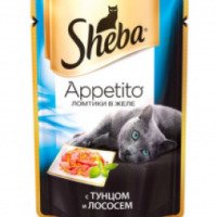 Корм консервированный полнорационный Sheba Appetito "Ломтики в желе" для взрослых кошек с тунцом и лососем