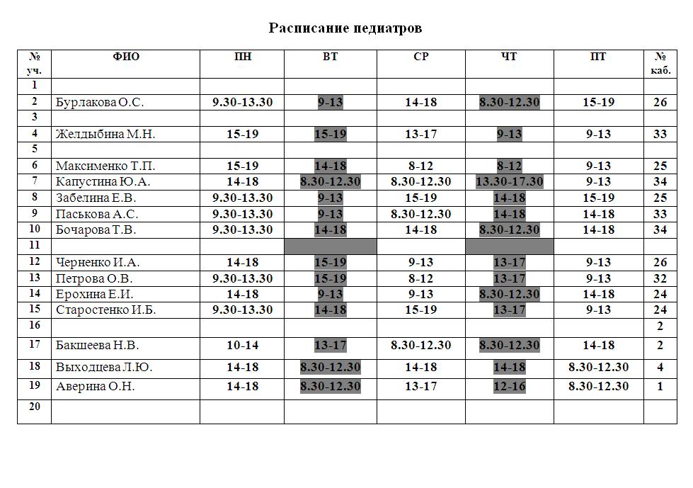 Расписание педиатров 2